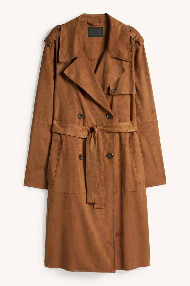 Damen - Trenchcoat - Velourslederimitat - braun