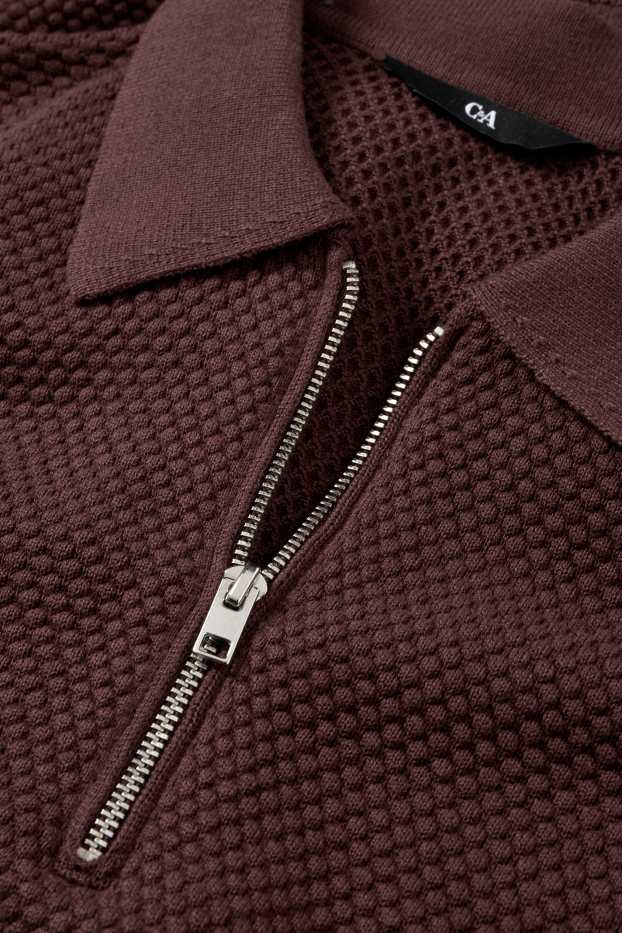 Pánské - Pletená polokošile - regular fit - strukturovaná - tmavohnědá