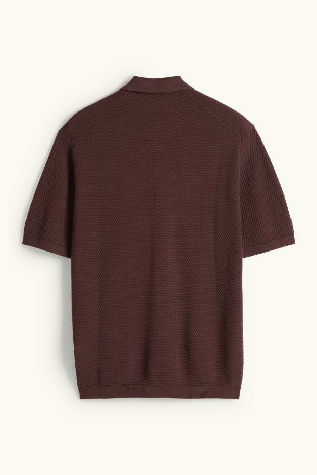 Pánské - Pletená polokošile - regular fit - strukturovaná - tmavohnědá