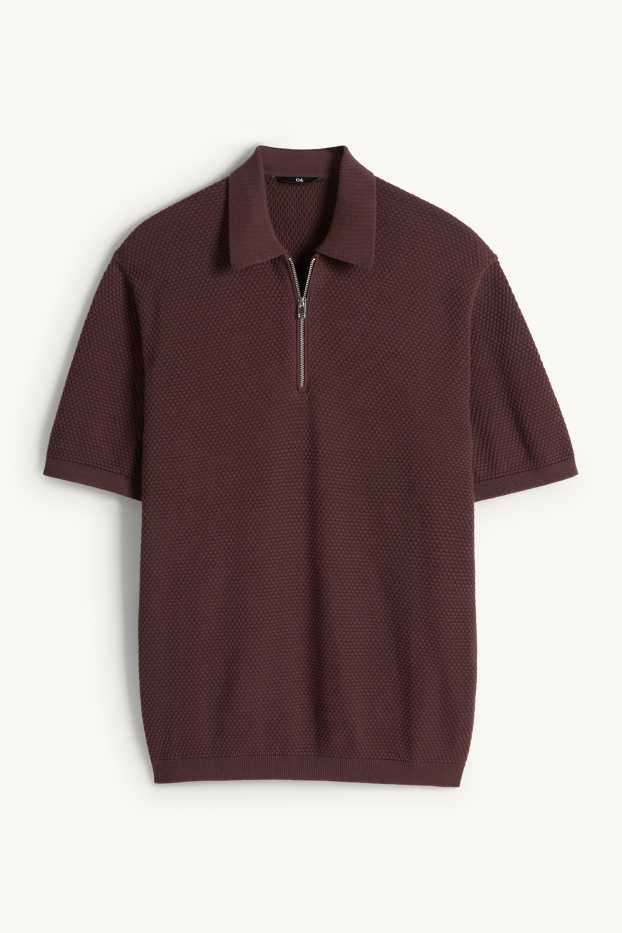 Pánské - Pletená polokošile - regular fit - strukturovaná - tmavohnědá