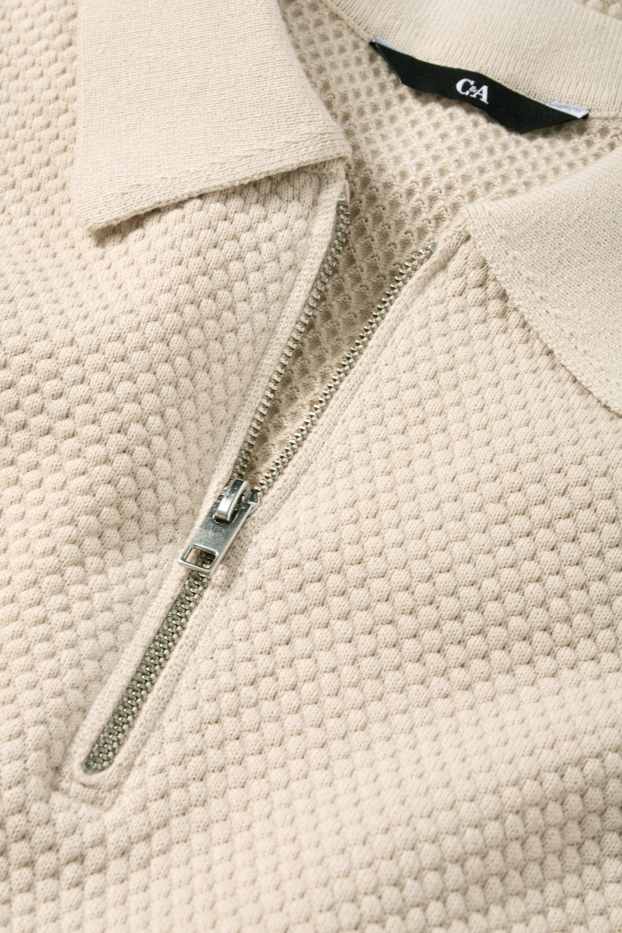 Men - Knitted polo shirt - regular fit - textured - light beige