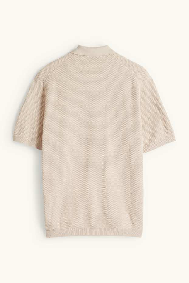 Men - Knitted polo shirt - regular fit - textured - light beige