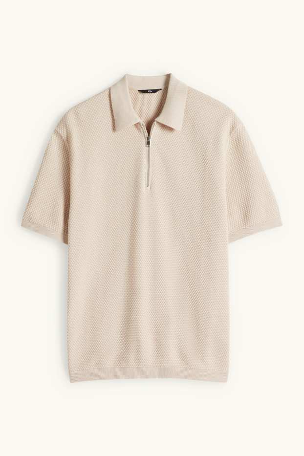 Men - Knitted polo shirt - regular fit - textured - light beige