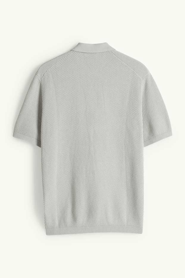 Men - Knitted polo shirt - regular fit - textured - gray