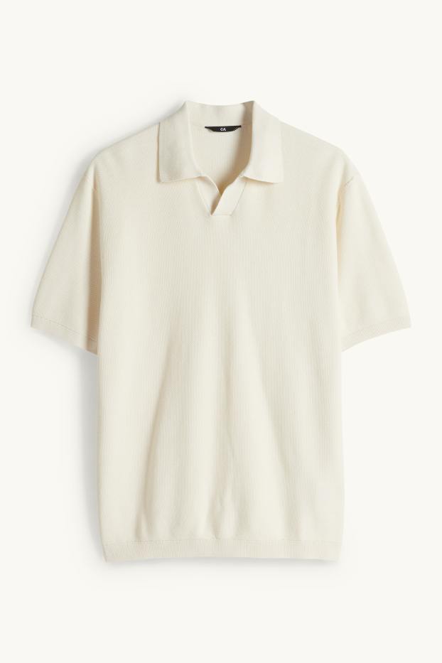 Pánské - Pletená polokošile - regular fit - strukturovaná - krémově bílá