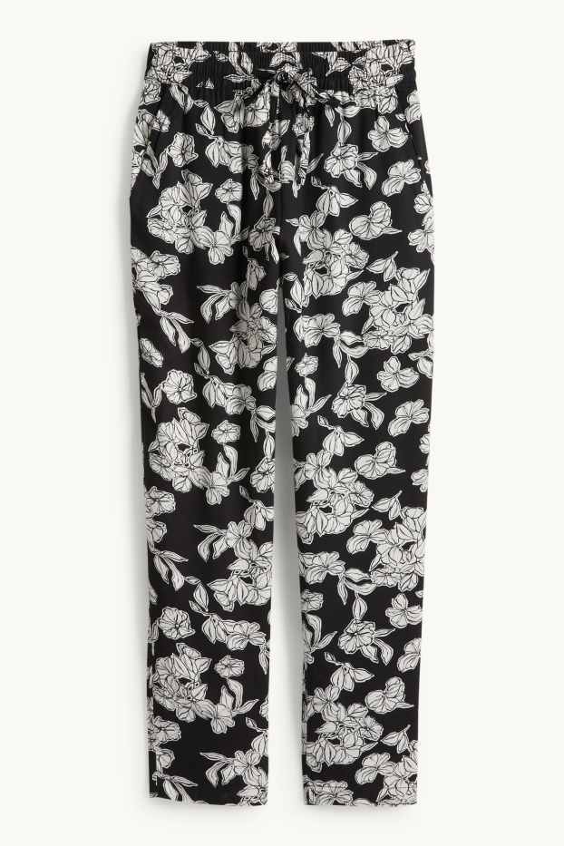 Women - Cloth trousers - high waist - tapered fit - floral - black / white