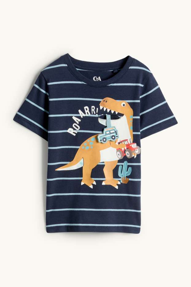 Nen - Dinosaure i vehicles - samarreta de mànigues curtes - de ratlles - blau fosc