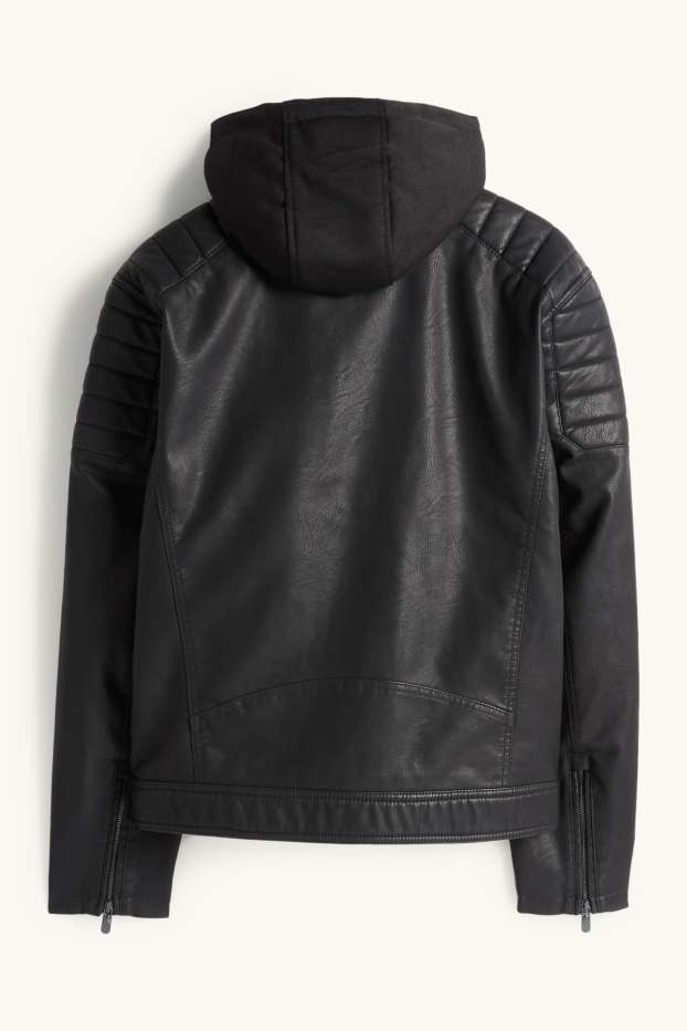 Bărbați - Jachetă de motociclist cu glugă - imitație de piele - negru