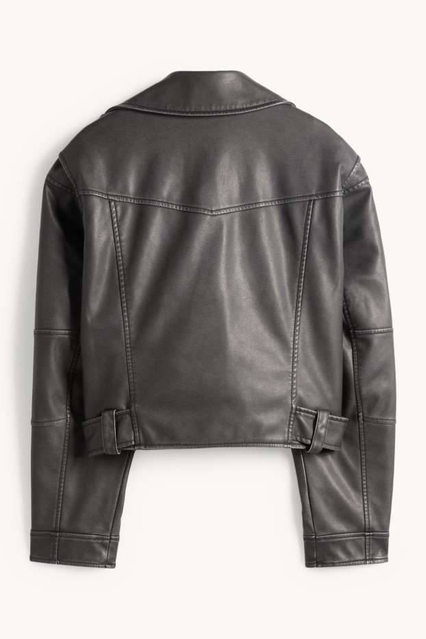Damen - Bikerjacke mit Gürtel - Lederimitat - schwarz