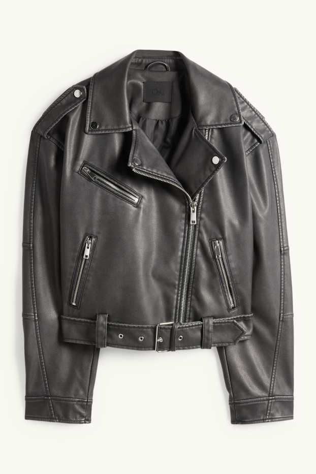 Damen - Bikerjacke mit Gürtel - Lederimitat - schwarz