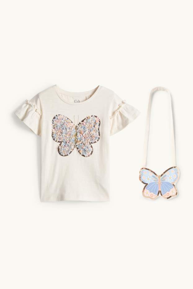 Bambine - Farfalla - set - t-shirt e borsa - 2 pezzi - bianco crema