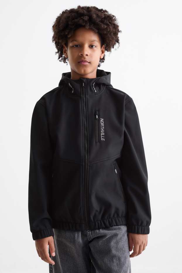 Kinder Buben - Softshelljacke mit Kapuze - wasserdicht - schwarz