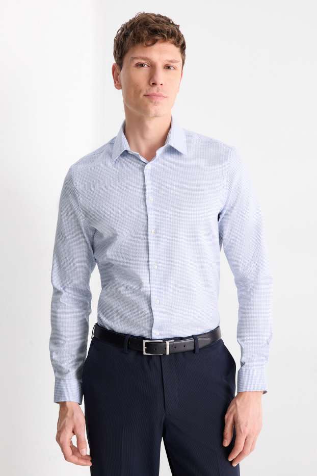 Hommes - Chemise de bureau - slim fit - col kent - sans repassage - finition texturée - blanc / bleu clair