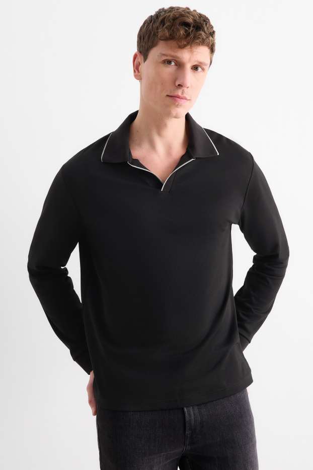 Heren - Poloshirt met lange mouwen - regular fit - zwart