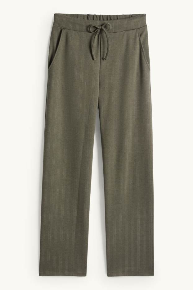 Dámské - Žerzejové kalhoty - mid waist - wide leg - s úzkými proužky - zelená