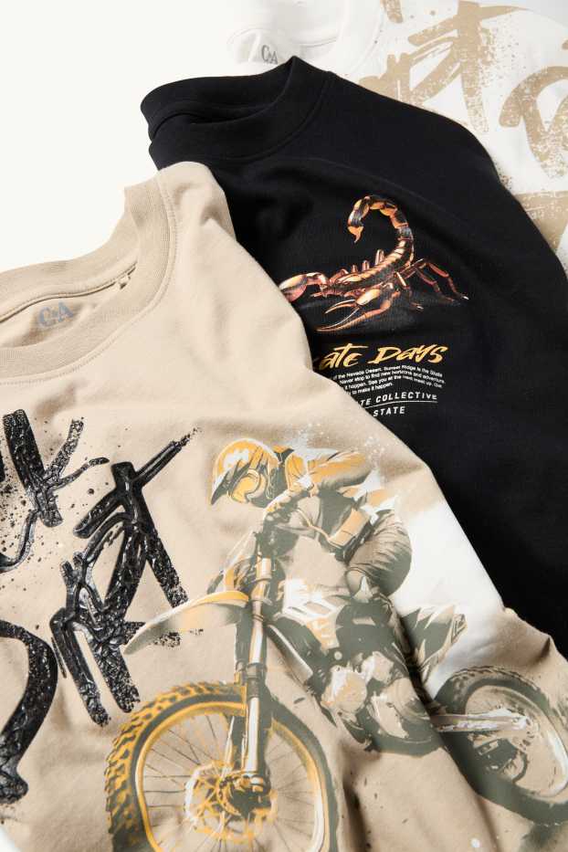 Děti - chlapci - Multipack 3 ks - motorka, štír a skater - tričko s krátkým rukávem - taupe