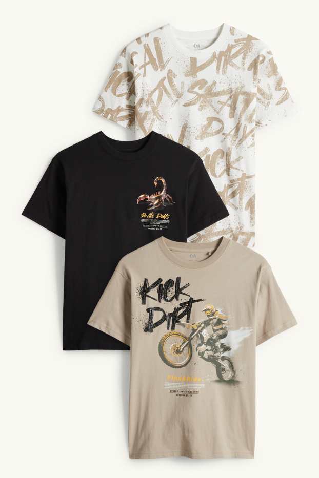 Děti - chlapci - Multipack 3 ks - motorka, štír a skater - tričko s krátkým rukávem - taupe