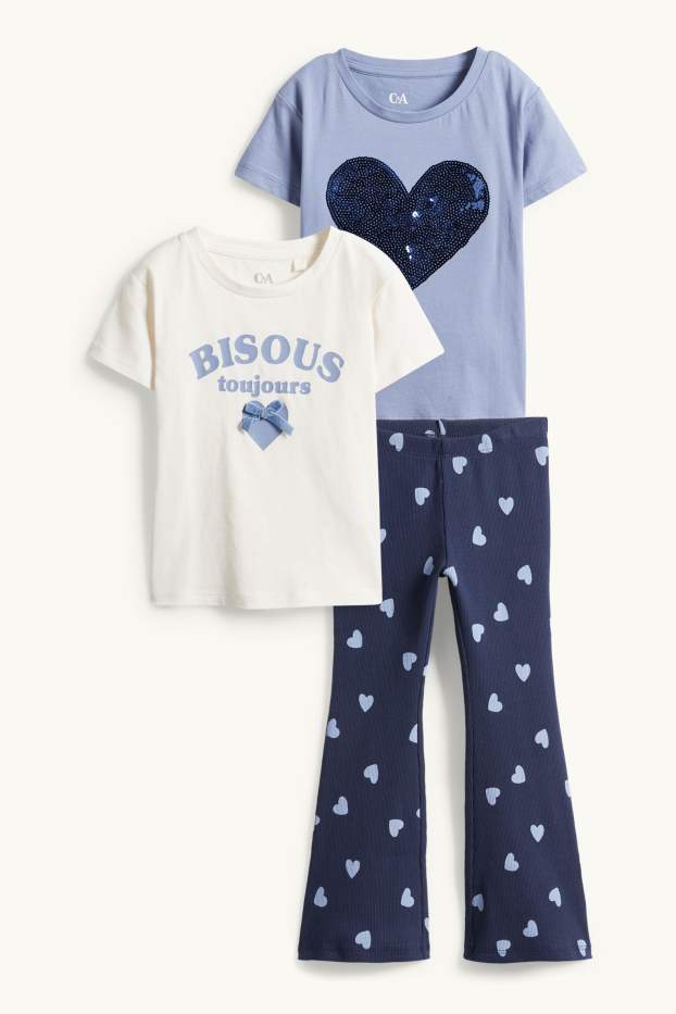 Bambine - Cuore - set - 2 maglie a maniche corte e leggings svasati - 3 pezzi - blu / bianco