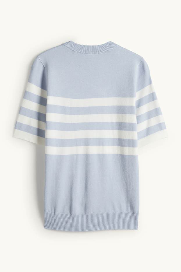 Women - Knitted jumper - short sleeve - striped - white / light blue