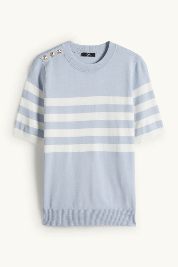Women - Knitted jumper - short sleeve - striped - white / light blue