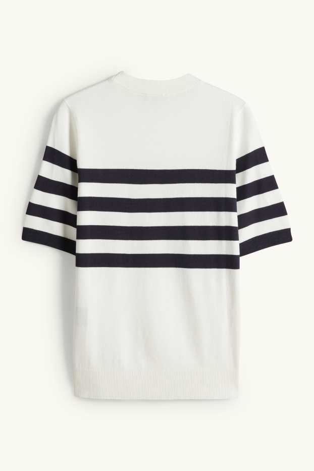 Women - Knitted jumper - short sleeve - striped - white / black