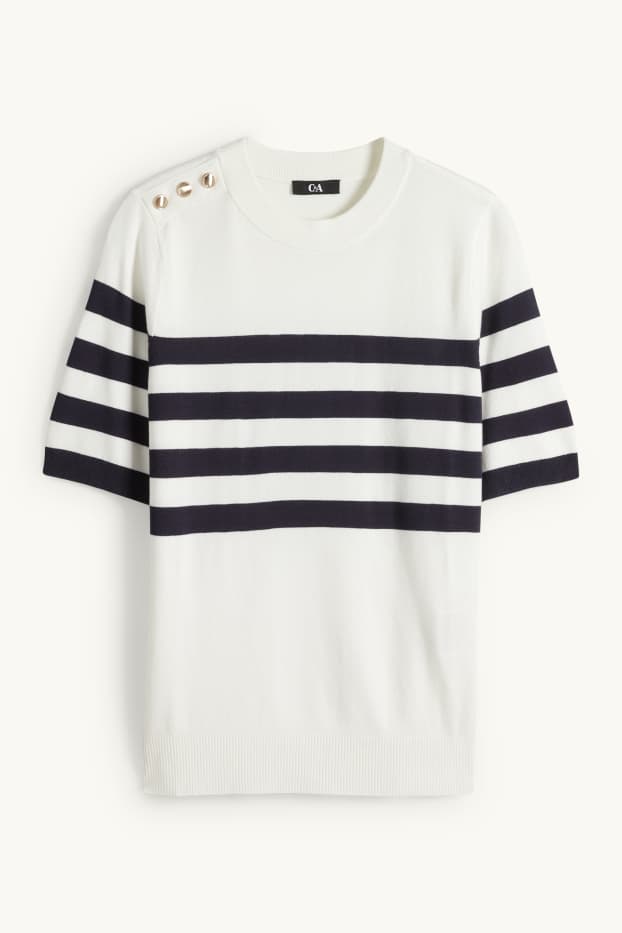 Women - Knitted jumper - short sleeve - striped - white / black