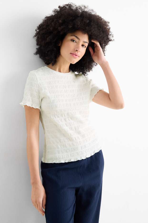 Dona - Samarreta de màniga curta - regular fit - frunzida - blanc trencat