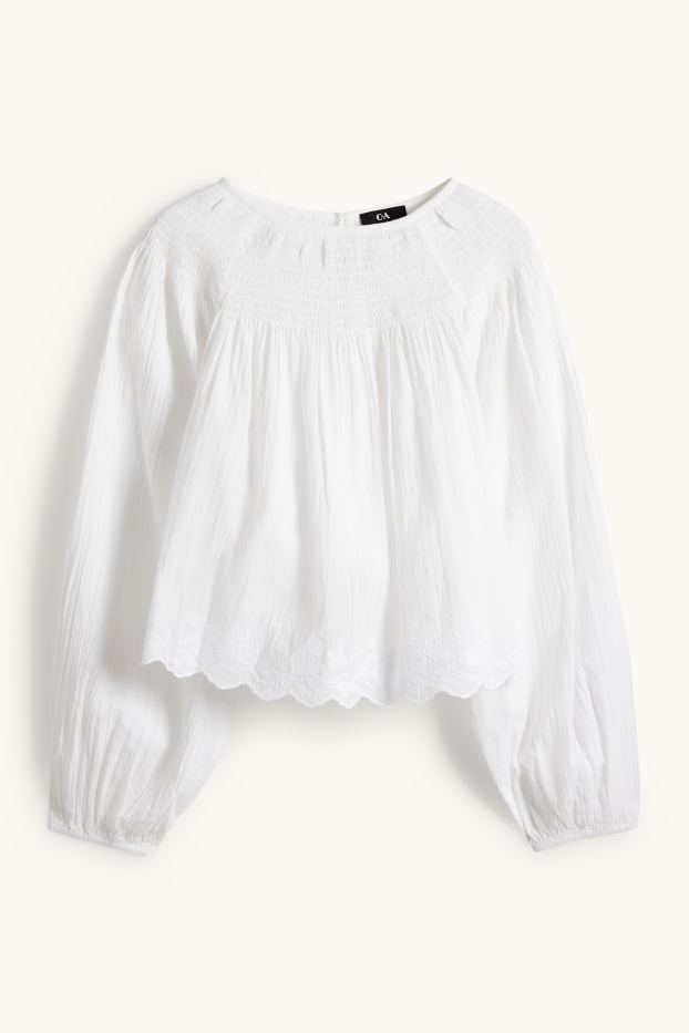 Damen - Bluse - gesmokt - weiß