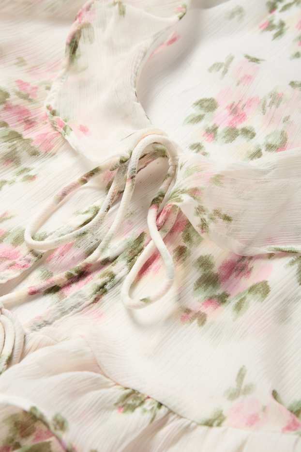 Dames - Korte blouse van chiffon - gebloemd - crème wit