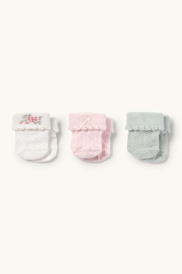 Baby Mädchen - Multipack 3er - Blümchen - Erstlings-Socken mit Motiv - weiss