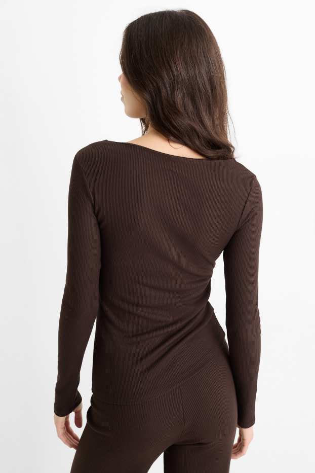 Femmes - Haut à manches longues - slim fit - finition côtelée - marron foncé