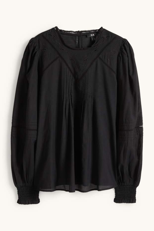 Kobiety - Bluzka - haft angielski - czarny