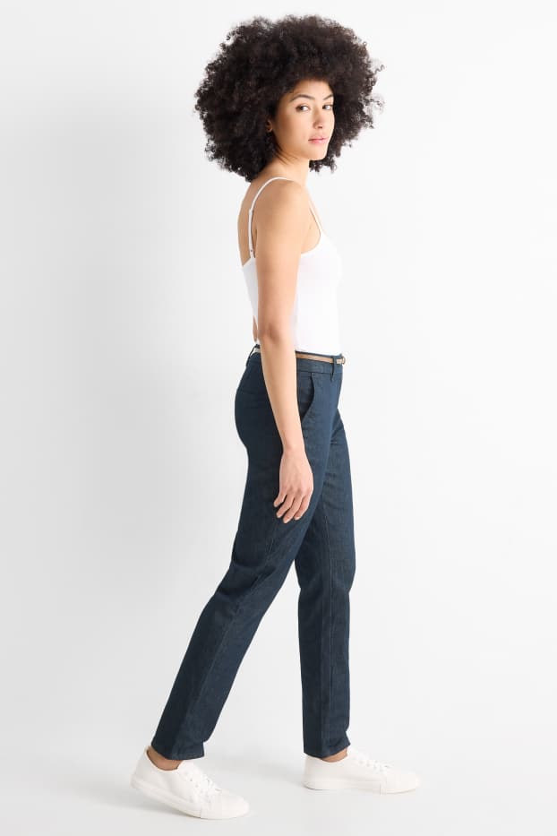 Femei - Pantaloni de stofă cu curea - talie medie - tapered leg - aspect de Jeans - denim-albastru închis