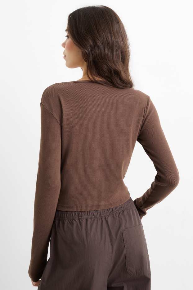 Women - Cropped long sleeve top - slim fit - ribbed - dark brown