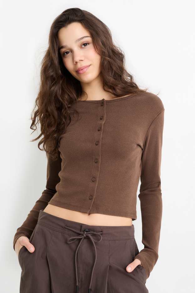 Women - Cropped long sleeve top - slim fit - ribbed - dark brown