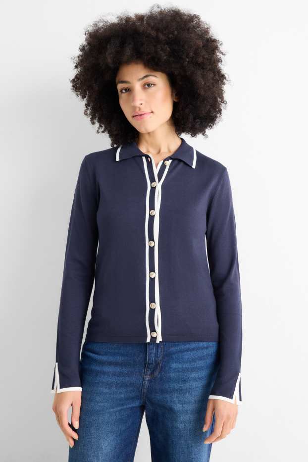 Dames - Gebreid vest - donkerblauw / wit