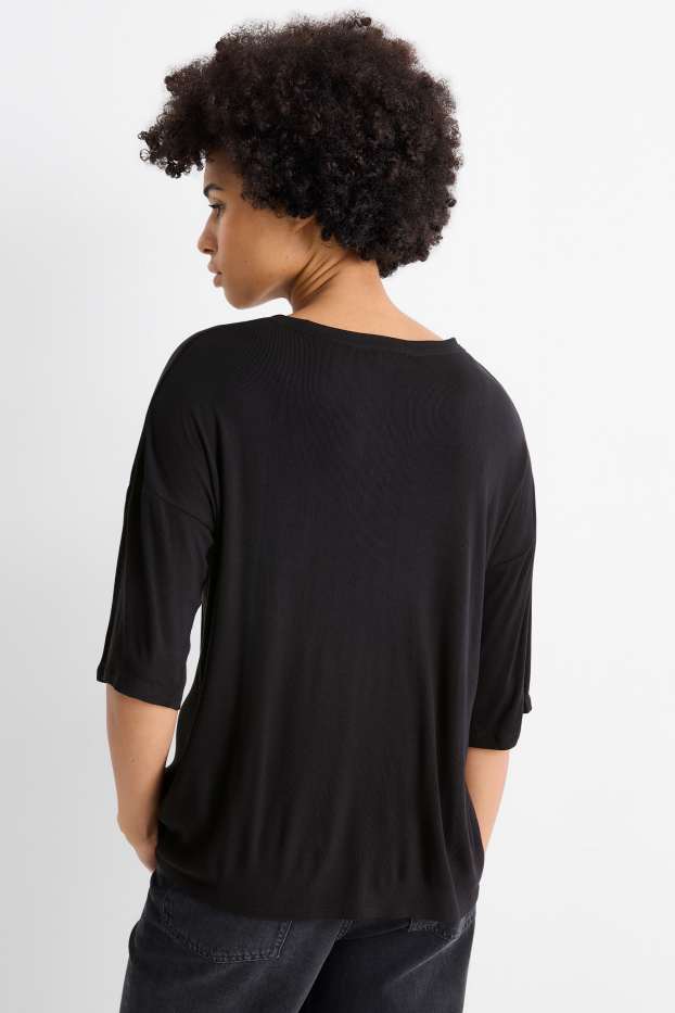 Women - T-shirt - relaxed fit - ribbed - black
