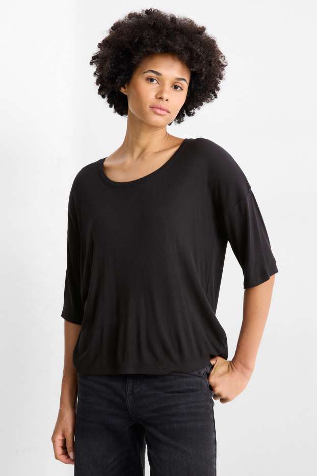 Women - T-shirt - relaxed fit - ribbed - black
