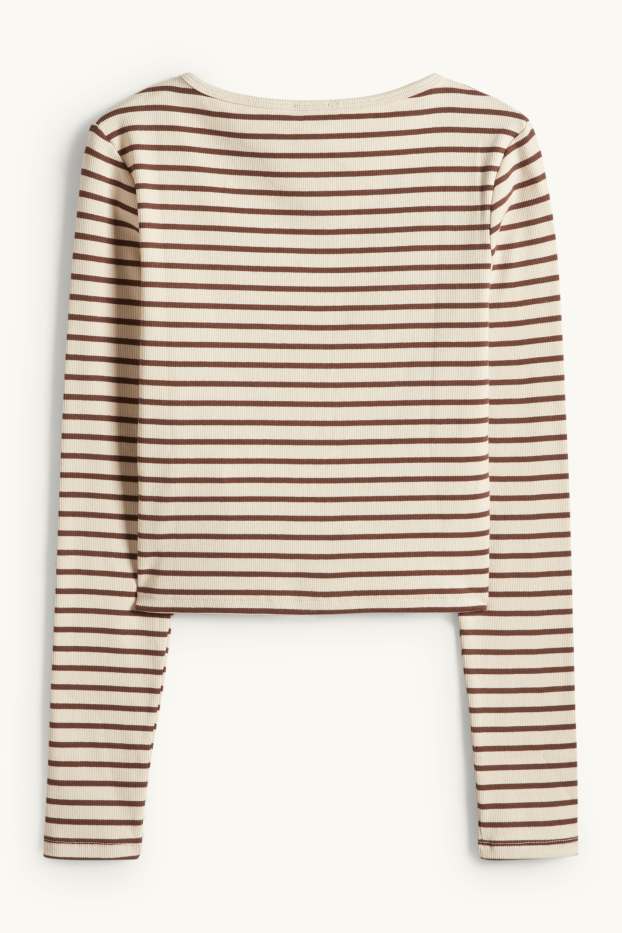 Women - Cropped long sleeve top - slim fit - ribbed - striped - light beige