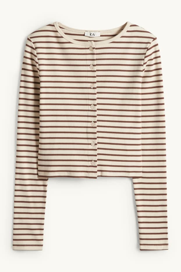 Women - Cropped long sleeve top - slim fit - ribbed - striped - light beige