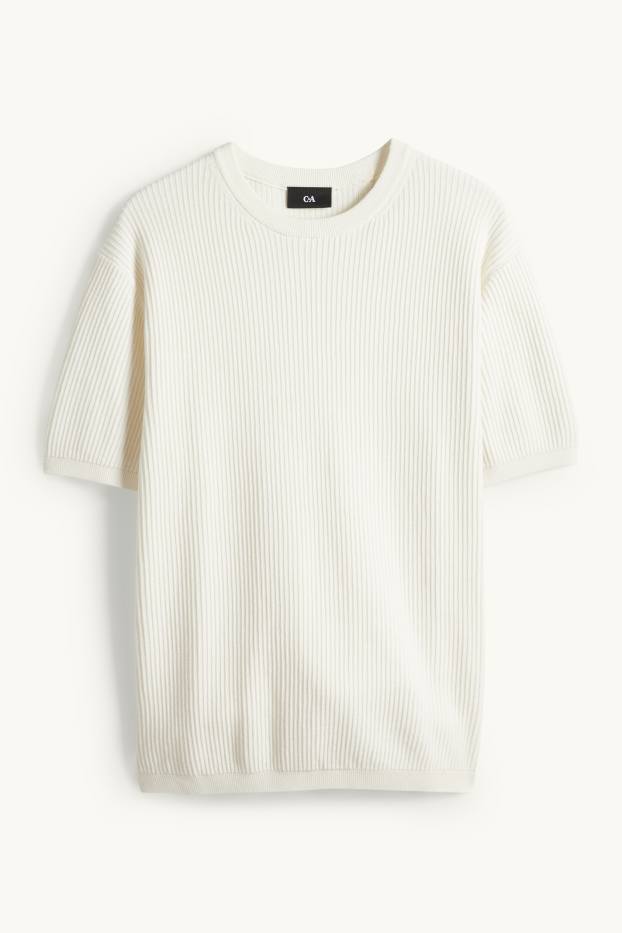 Herren - Strickpullover - kurzarm - gerippt - cremeweiß