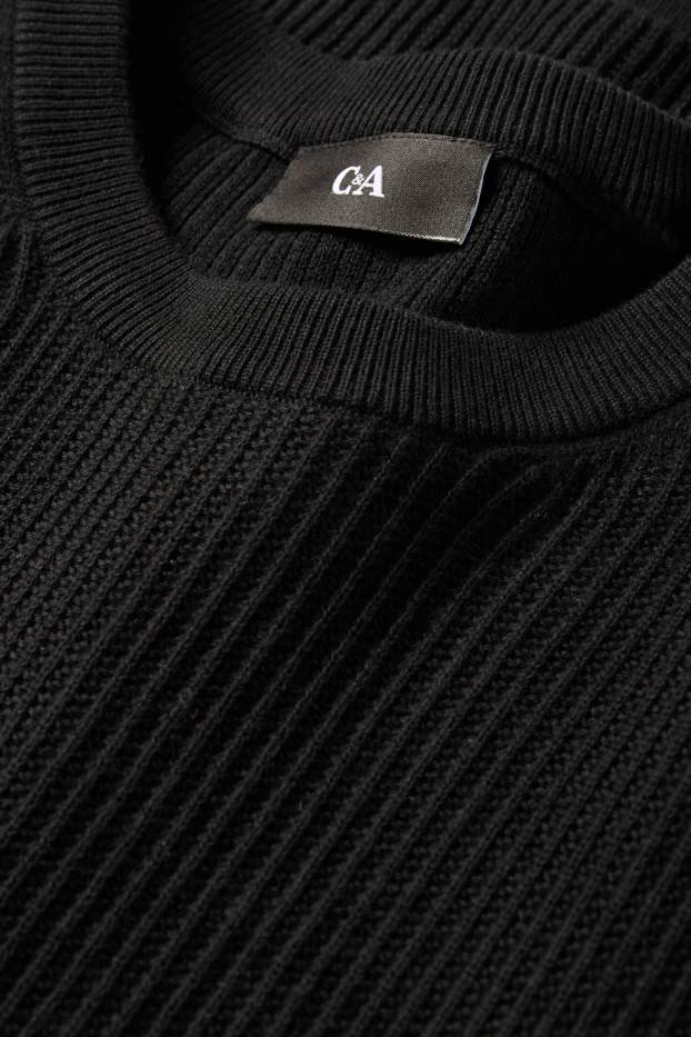 Herren - Strickpullover - kurzarm - gerippt - schwarz