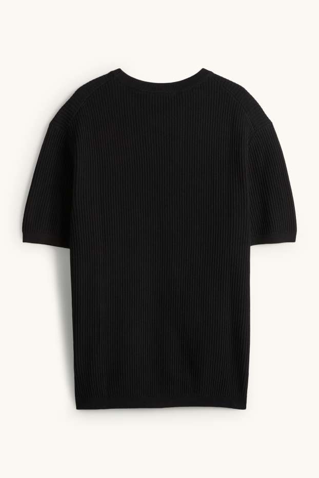 Herren - Strickpullover - kurzarm - gerippt - schwarz