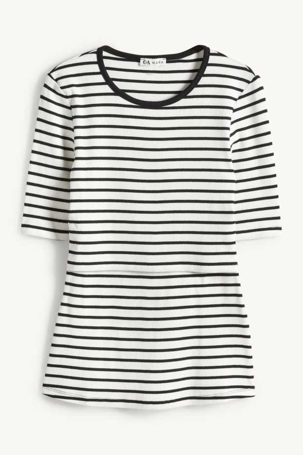 Women - Nursing T-shirt - slim fit - ribbed - striped - white / black