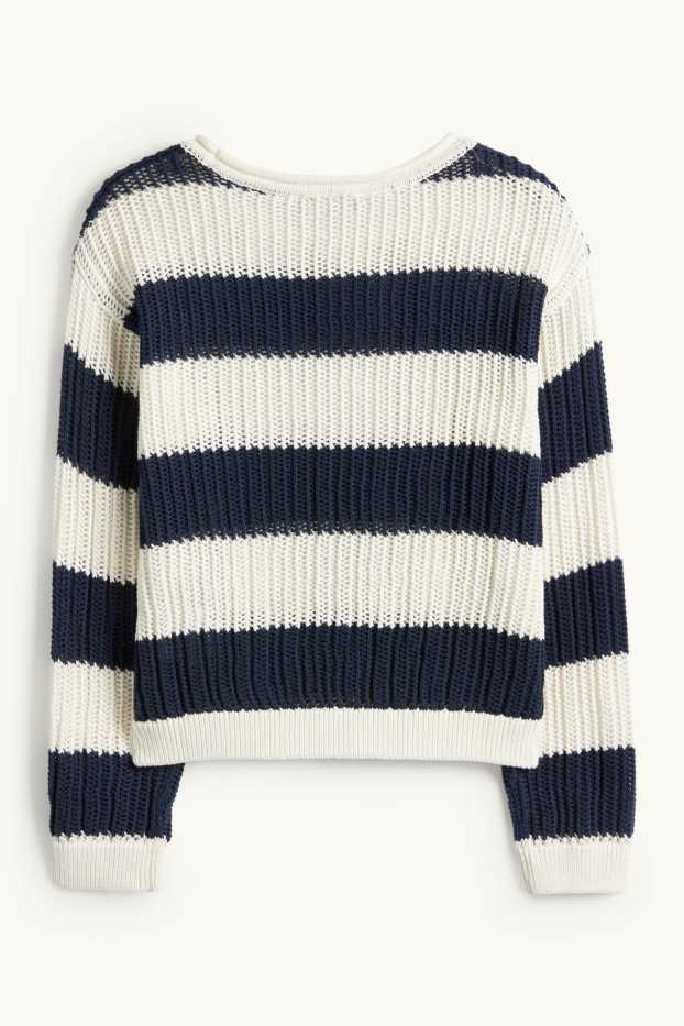 Enfants filles - Pull - finition côtelée - à rayures - blanc / bleu