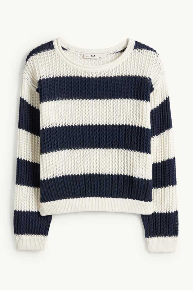 Enfants filles - Pull - finition côtelée - à rayures - blanc / bleu