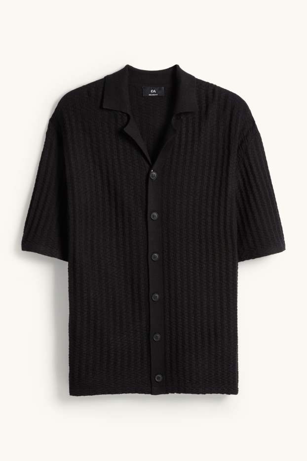 Pánské - Pletená košile - relaxed fit - klopový límec - strukturovaná - černá