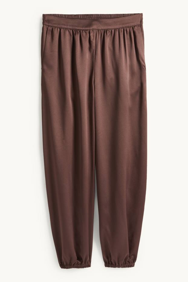 Dames - Satijnen broek - mid waist - balloon leg - donkerbruin