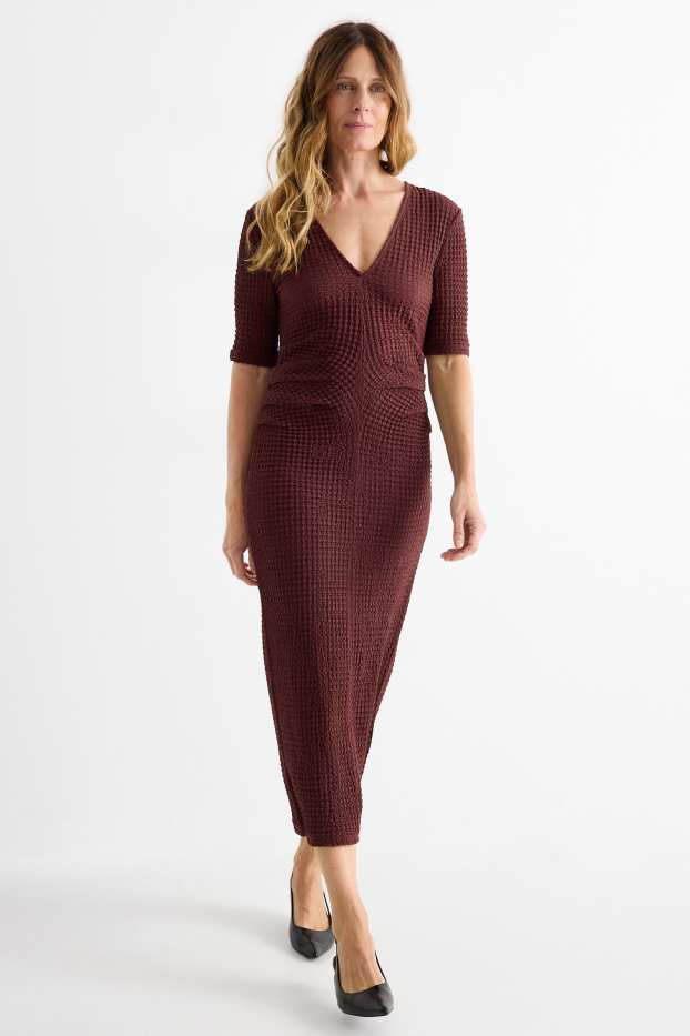 Damen - Kleid mit V-Ausschnitt - Straight Fit - strukturiert - bordeaux
