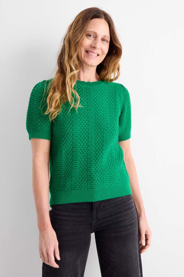 Femmes - Pull en maille - manches courtes - finition texturée - vert